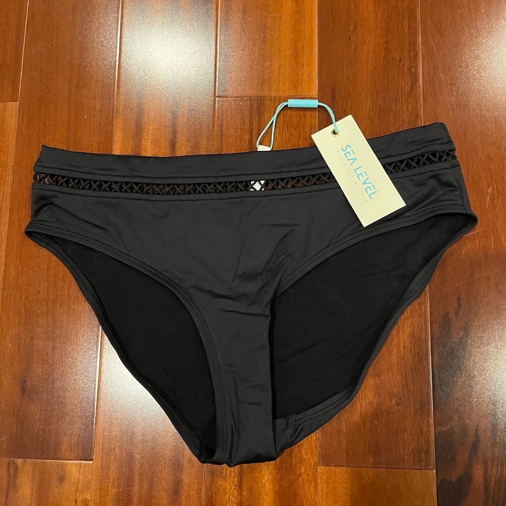 Sea Level Bikini Bottom Swim Black Mid Pant with Cross Elastic New NWT US 6